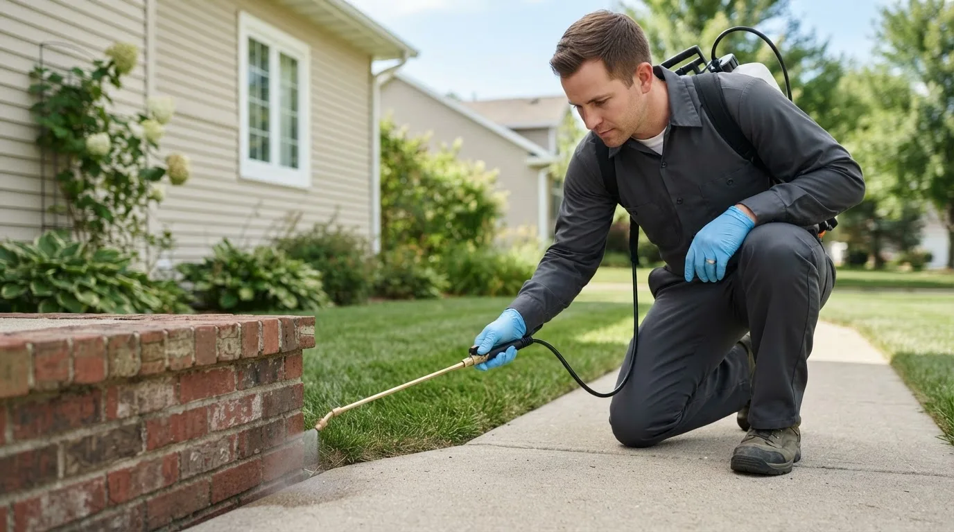 Pest control technician treating a home near Macon, IL