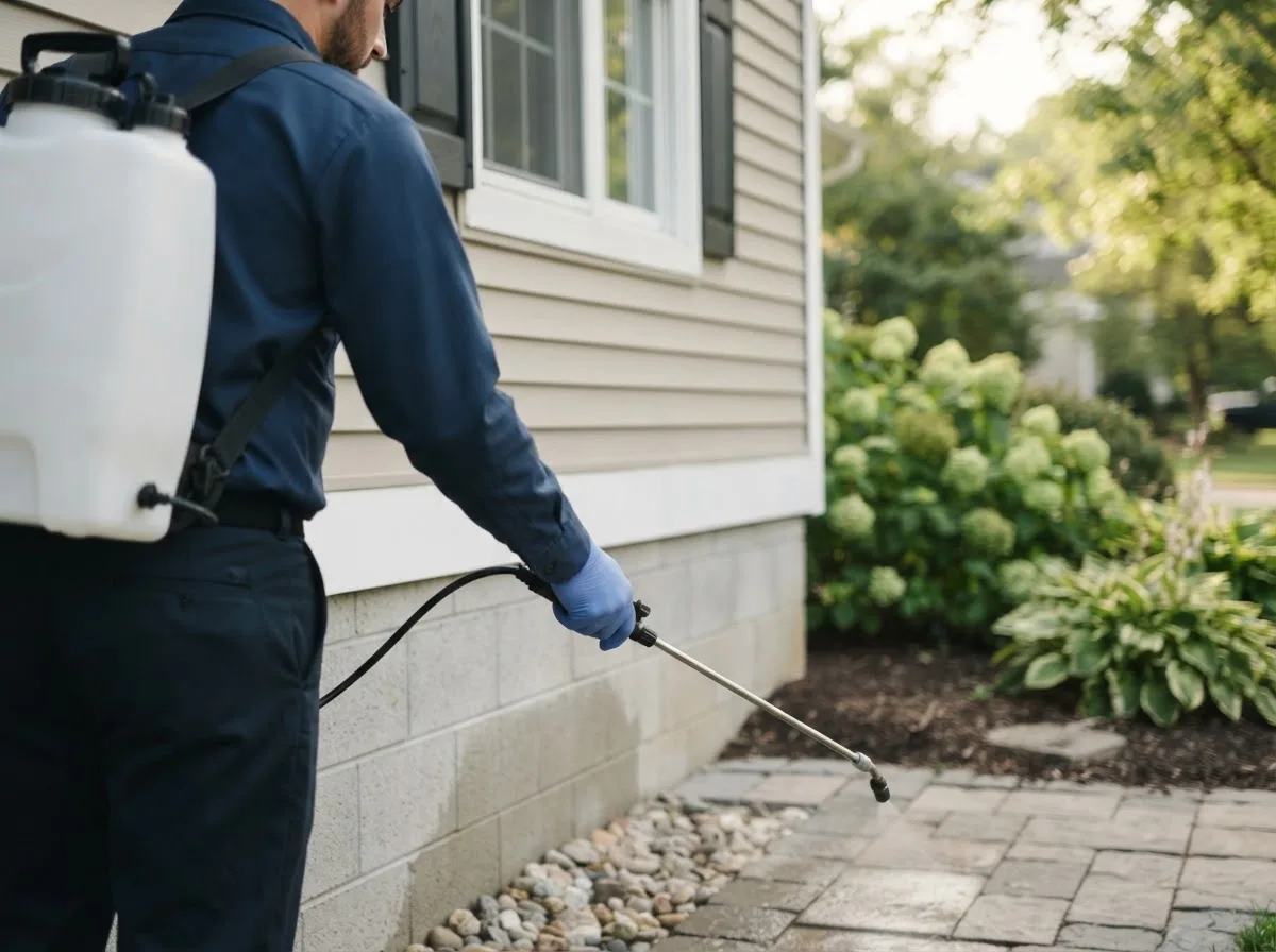 Pest control technician inspecting a home in Macon, IL